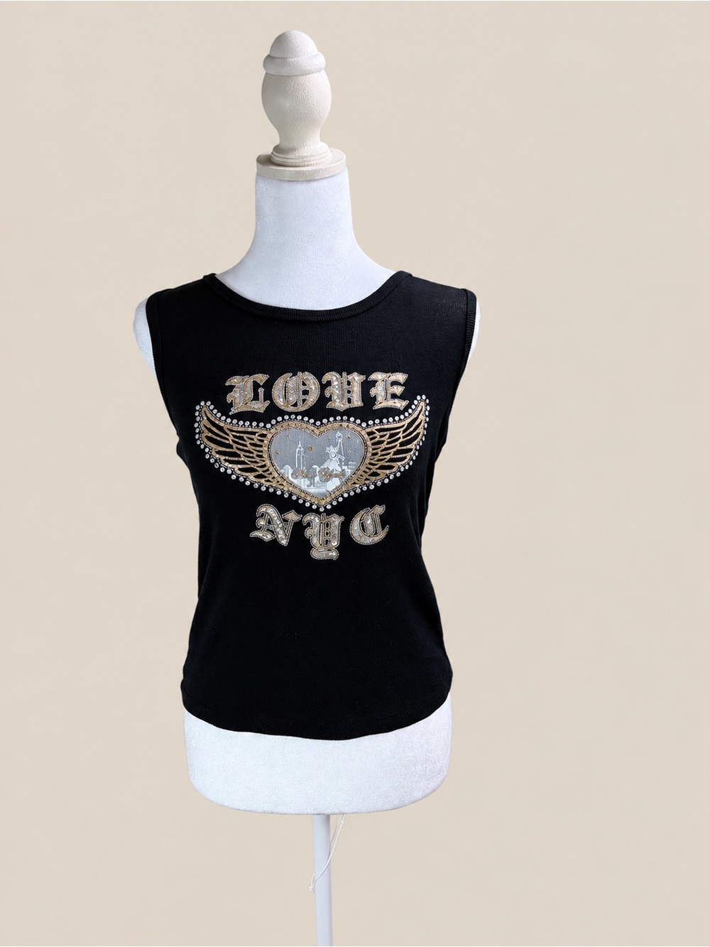 Big Bang Love NYC Rhinestone Winged Heart Black Tank Top Medium Y2K Style USA